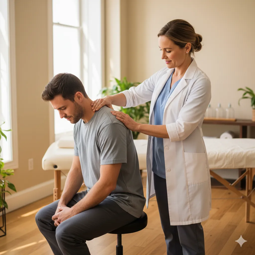 Andrea Huber a tratar um paciente na sua clínica no Estoril